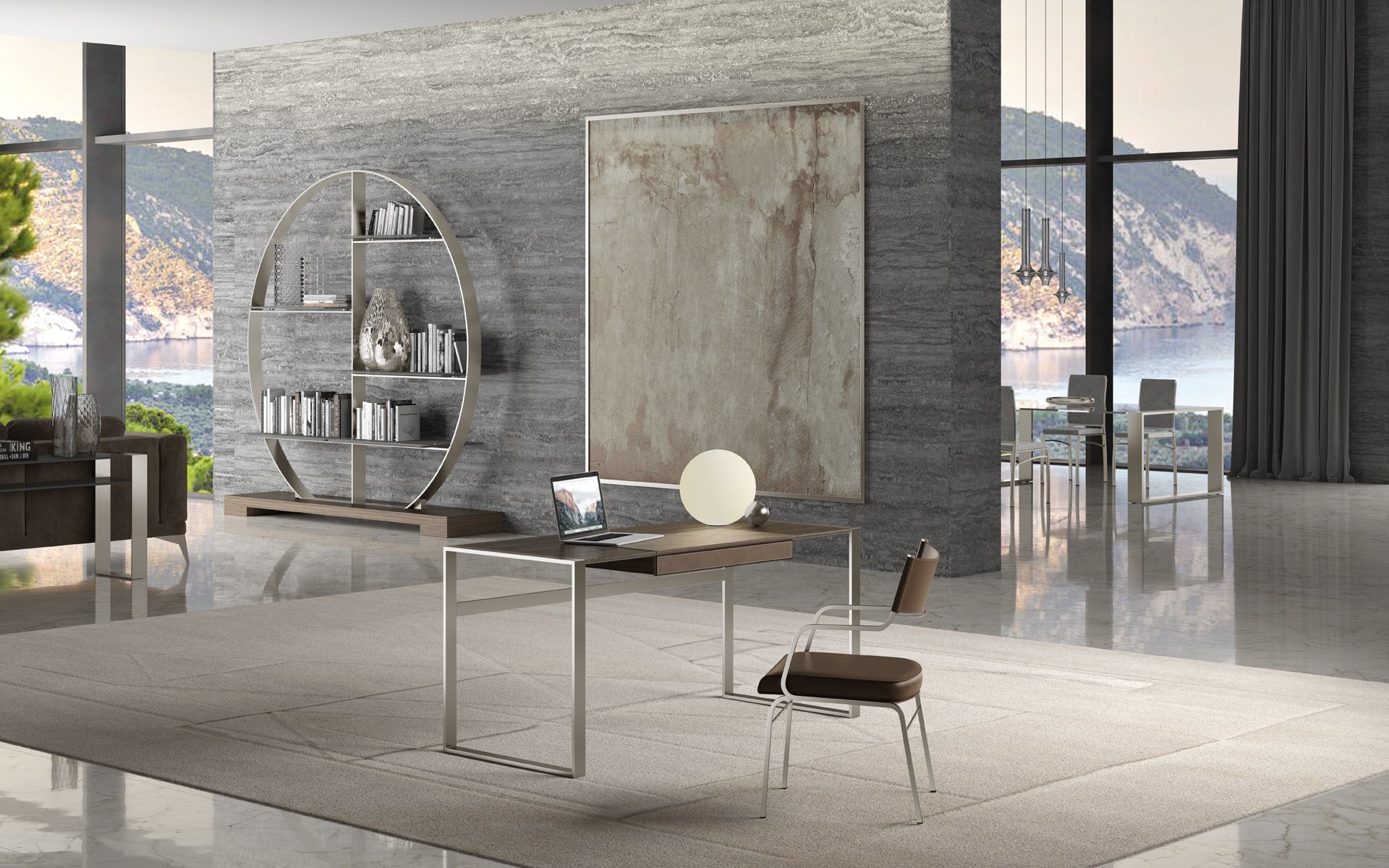 Modern office interior with desk, chair, circular bookshelf, and large rug