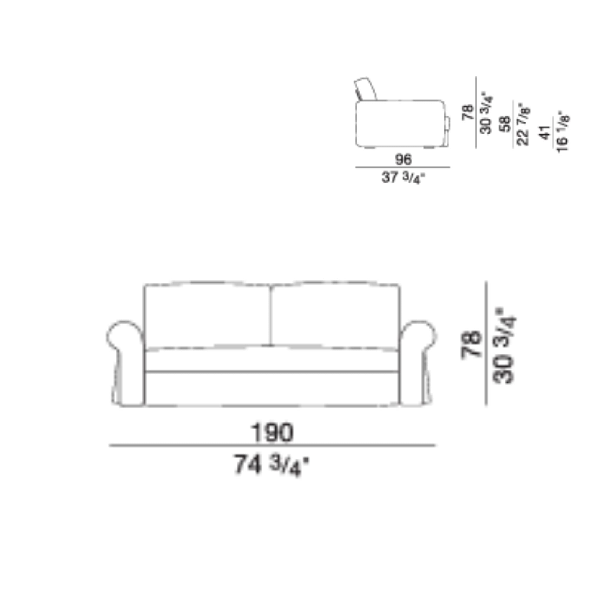 Technical drawing of a two-seat sofa with dimensions