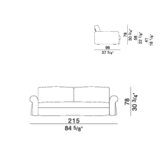 Line drawing of sofa with dimensions, front and side view
