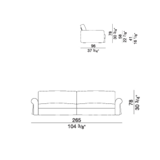 Line drawing of sofa and armchair with dimensions