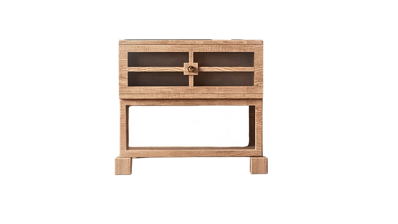 French Modern Chestnut Nightstand with glass-front drawers in Light Walnut.