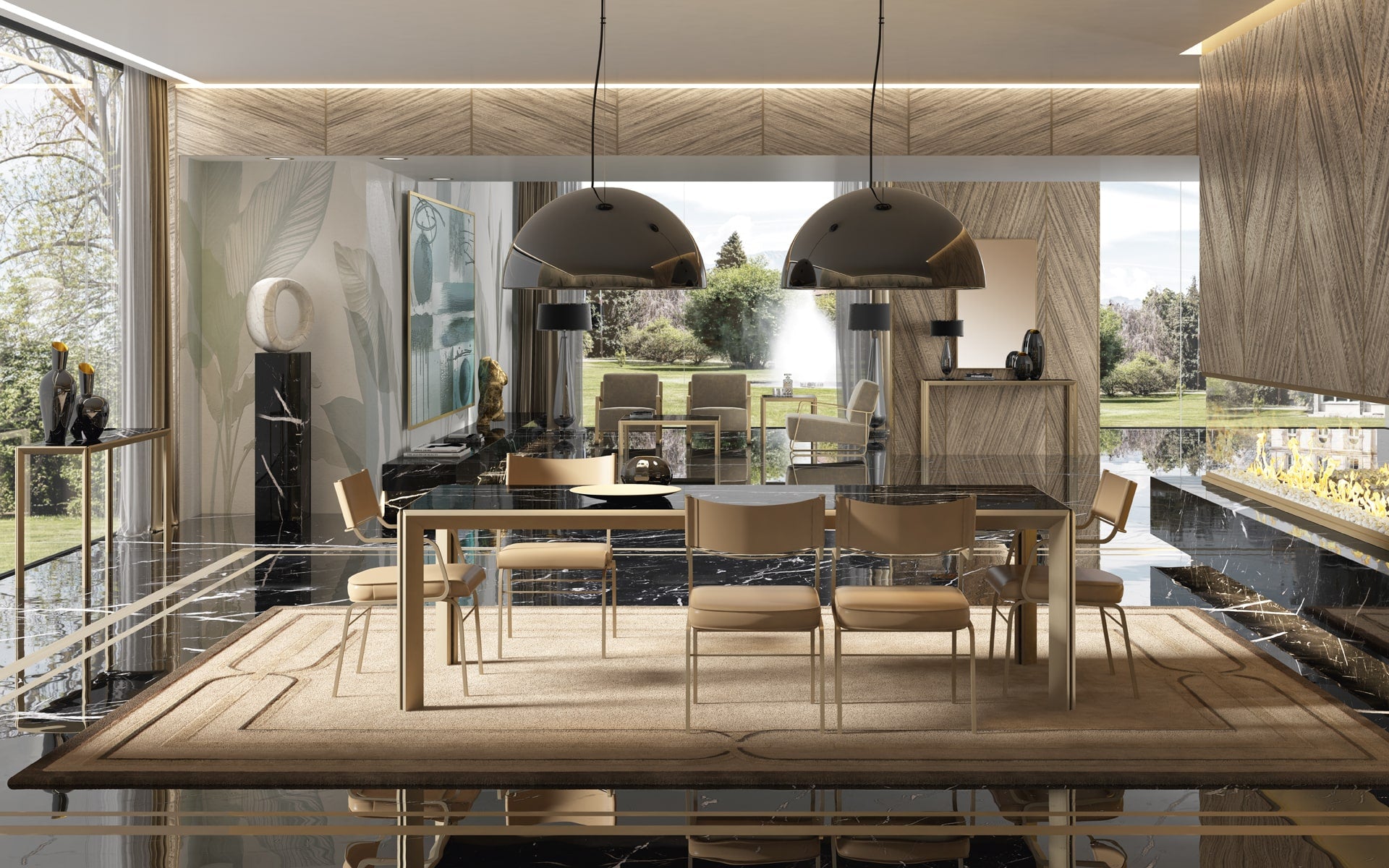 Luxury dining room with black marble floor, beige rug, and modern furniture.