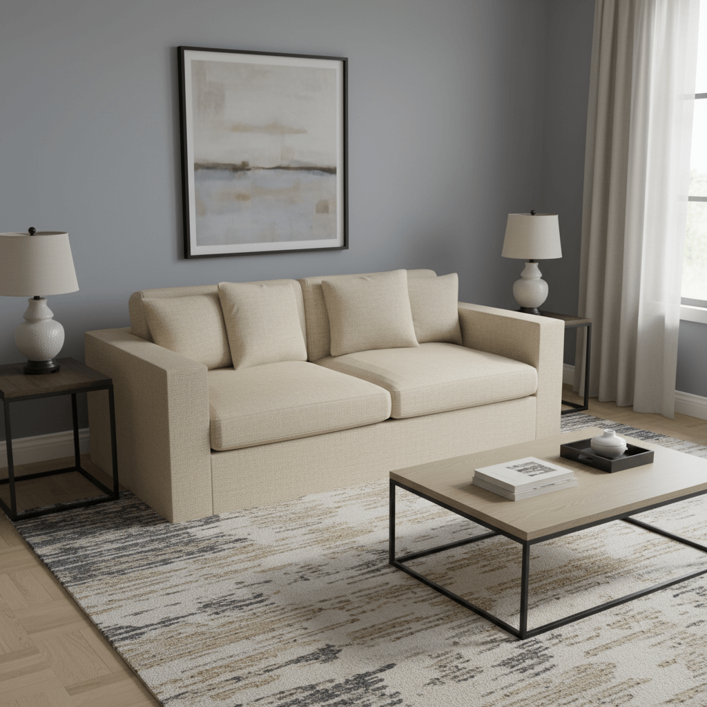 Beige sofa in a living room with a coffee table, lamps, and a painting on the wall.