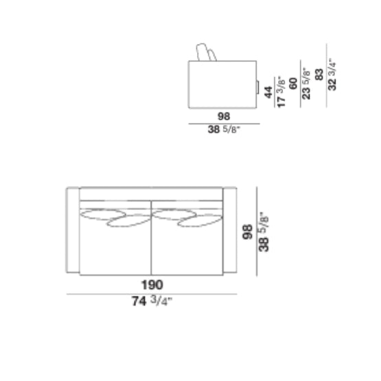 Line drawing sofa dimensions top and front view
