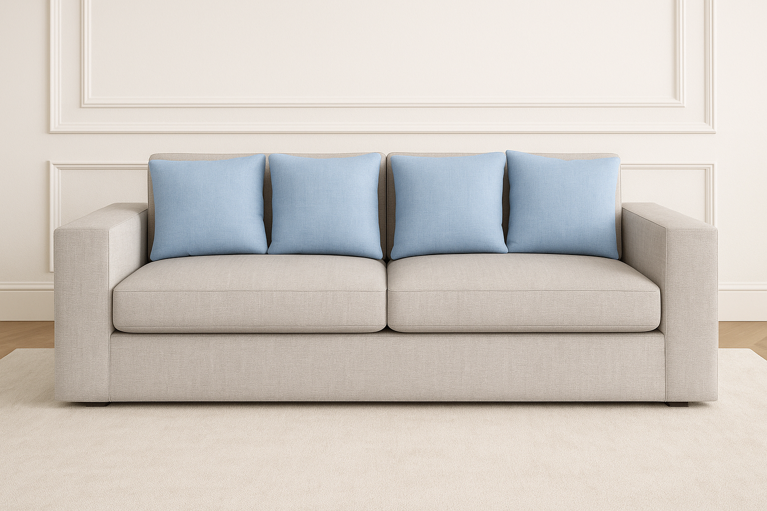 Neutral fabric sofa with four blue pillows on beige rug