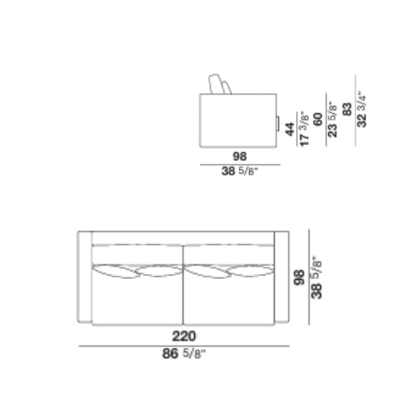 Technical drawing of sofa with dimensions and measurements