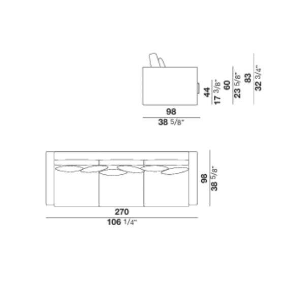 Technical drawing of three-seater sofa with dimensions and measurements