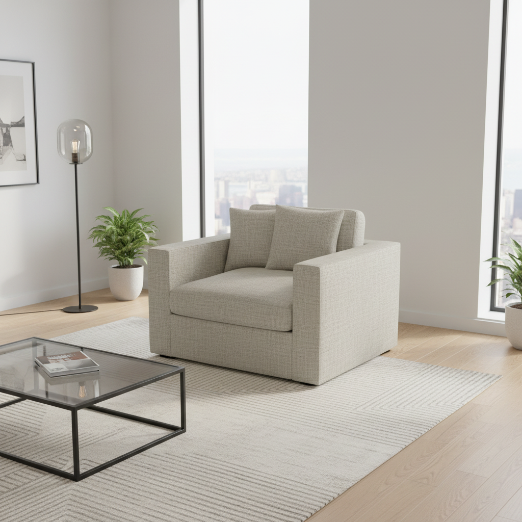 Harvard single-seater armchair in soft beige fabric, front view