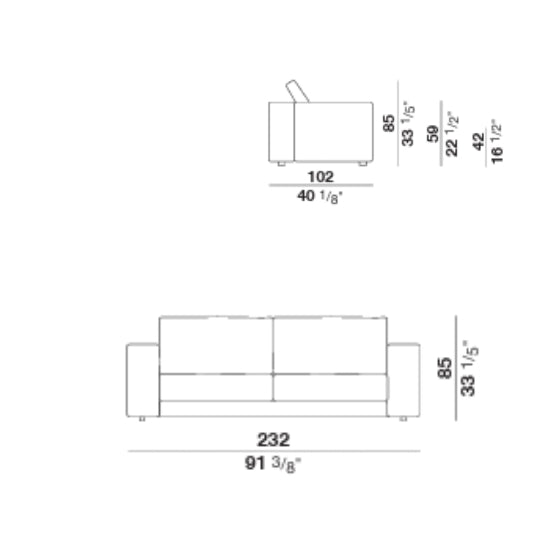 Line drawing sofa dimensions front and side view