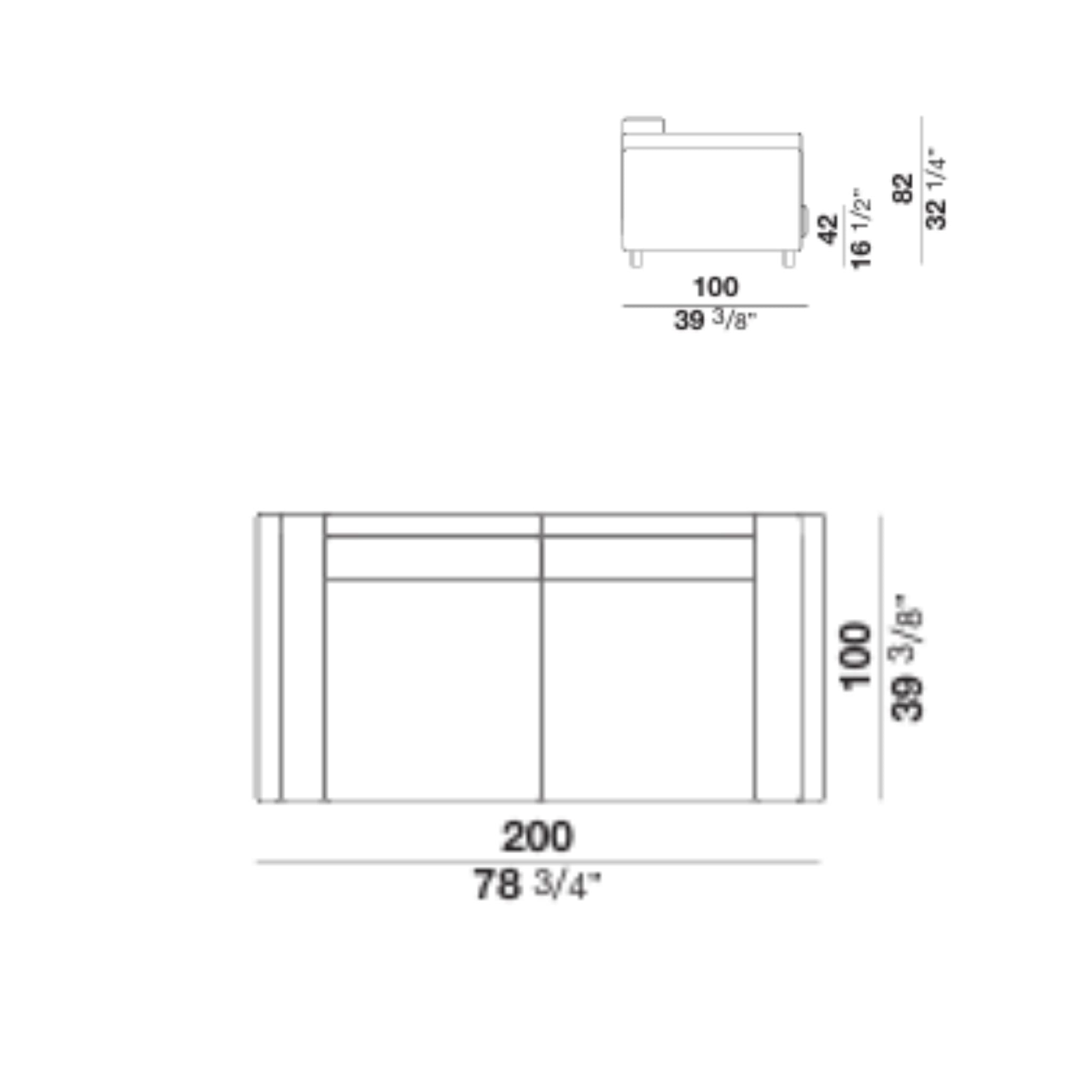 Sofa technical drawing showing front and side dimensions