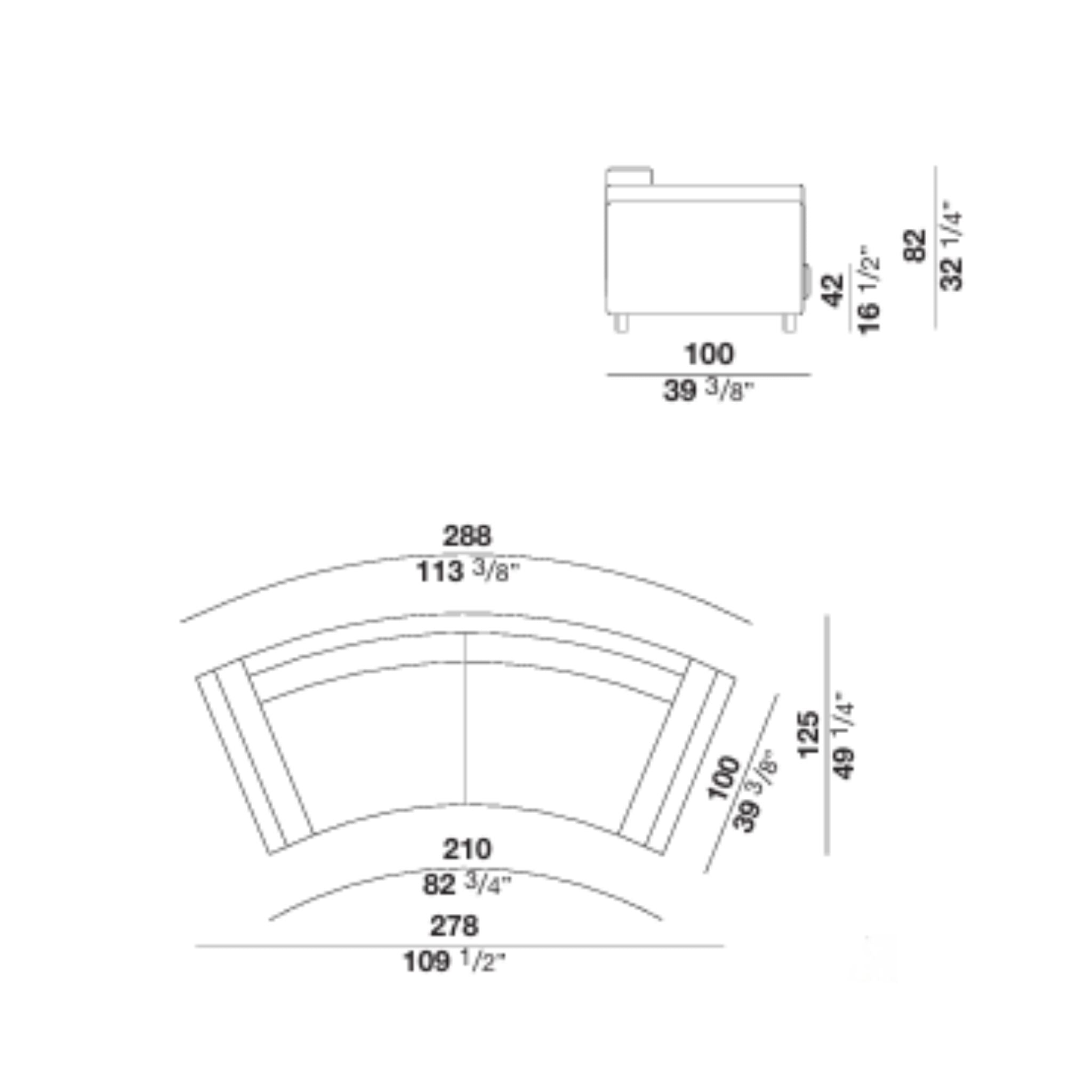 Technical drawing of curved sectional sofa with dimensions shown.