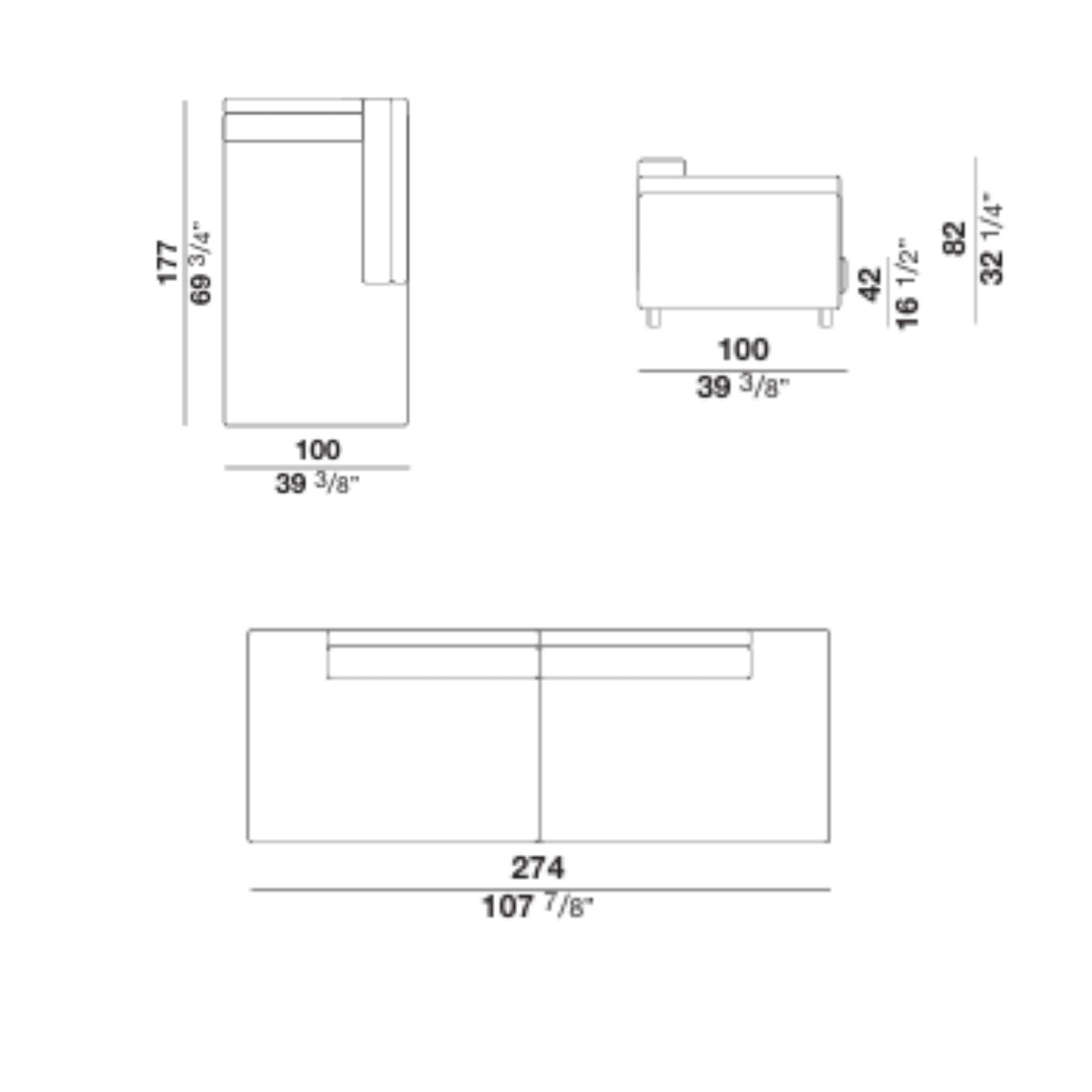 Technical drawing of sectional sofa with dimensions in inches and centimeters, furniture, seating, living room, modern design, modular sofa, sectional couch, interior design, home decor, large seating arrangement, contemporary furniture, floor plan view, elevation view, side view, furniture dimensions