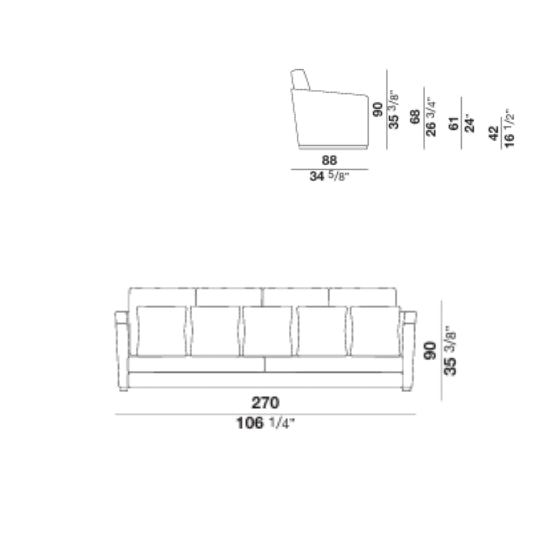 Sofa furniture dimension drawing with measurements in inches and centimeters