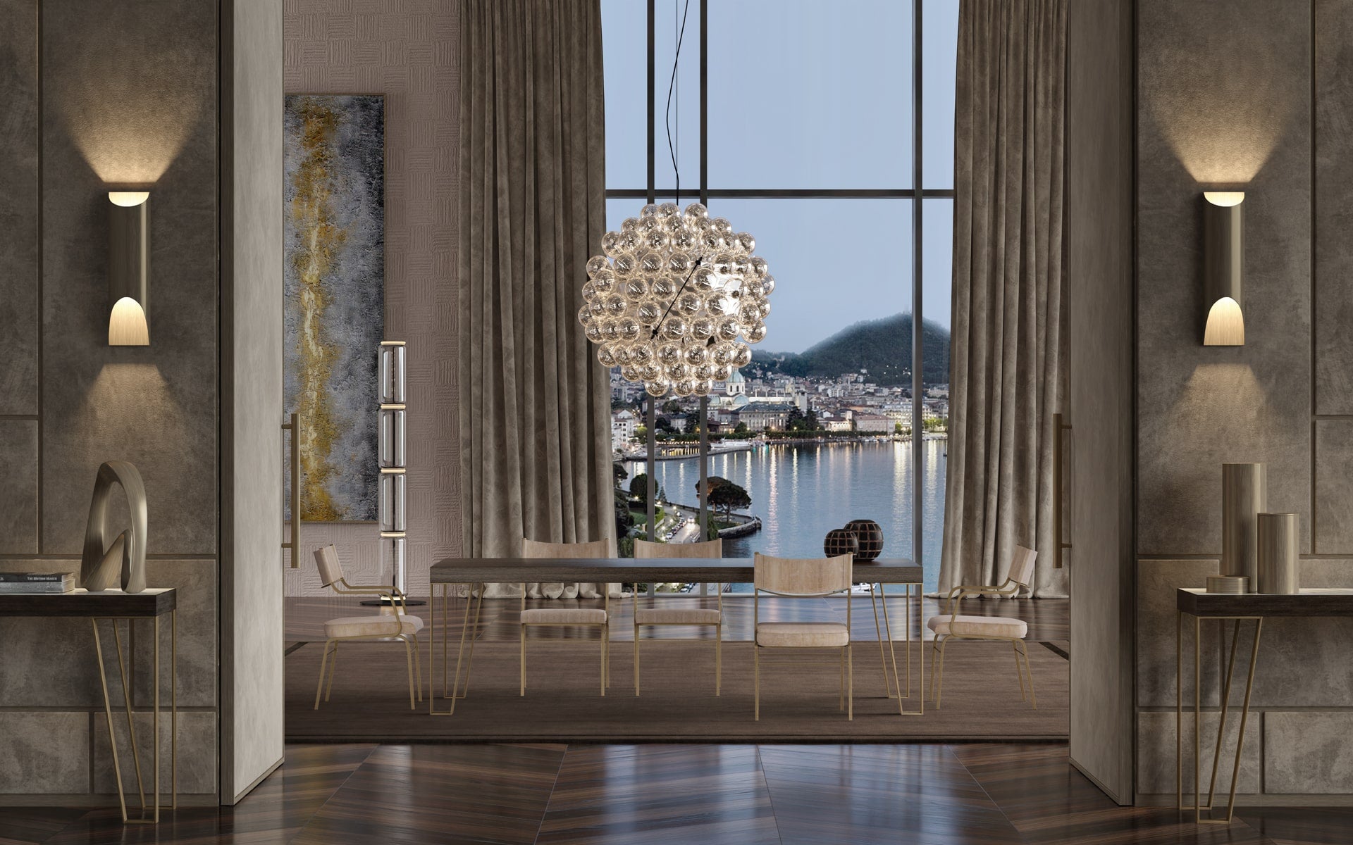 Luxury dining room with modern furniture overlooking a beautiful lake view.