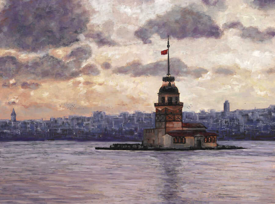 Painting of the Maiden's Tower in Istanbul with a cityscape in the background.