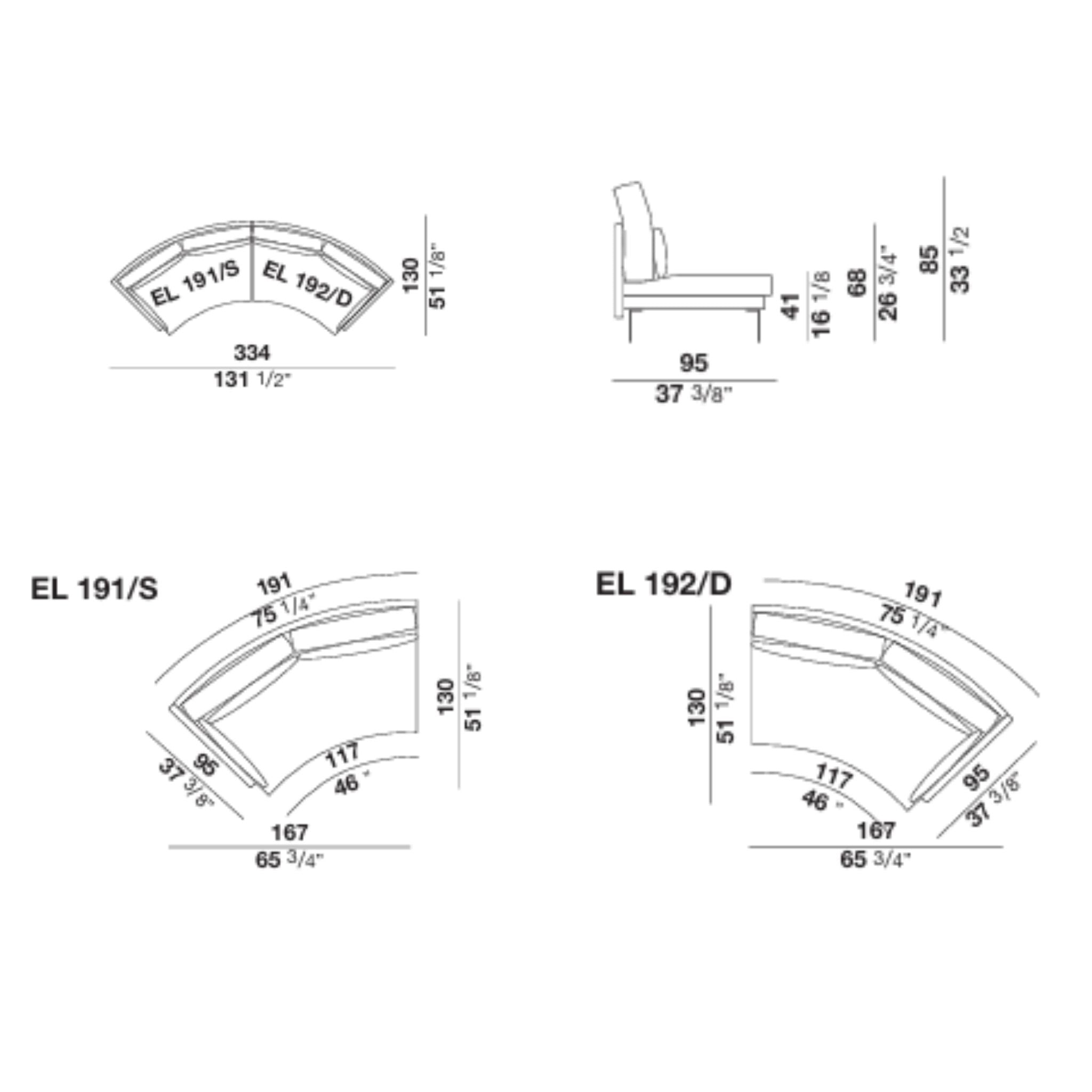 Black and white line drawing of sectional sofa dimensions.
