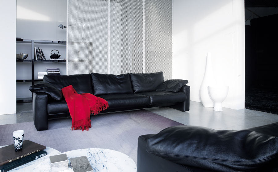 Interior view modern living room black leather sofa red throw, marble coffee table, metal shelving, white vases, gray rug. 