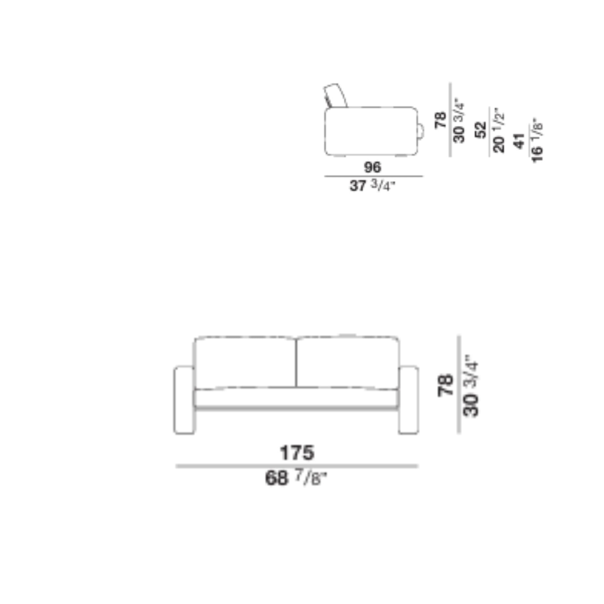 Line drawing of sofa dimensions, top and front views