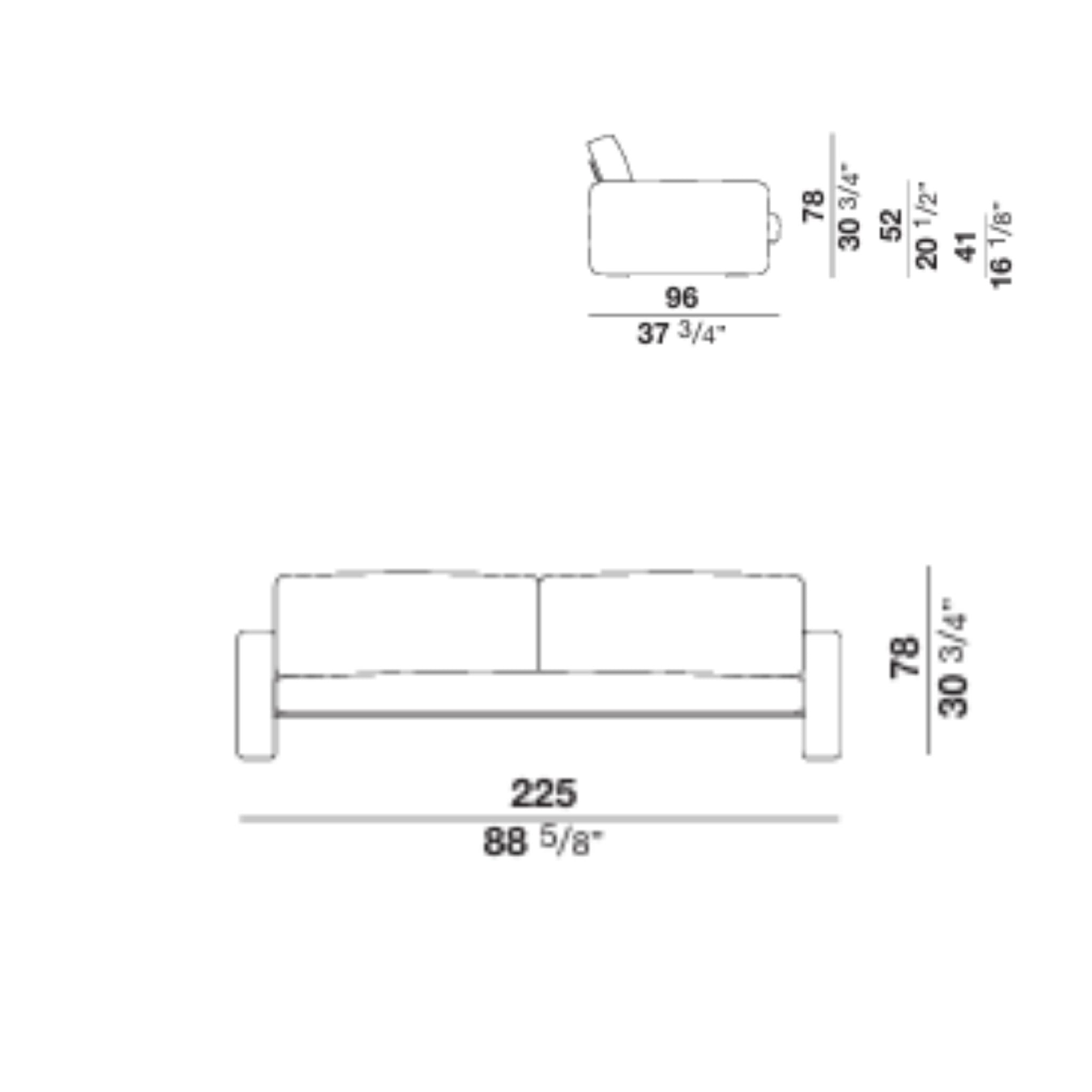 Technical drawing of two-seater sofa with dimensions in inches and centimeters