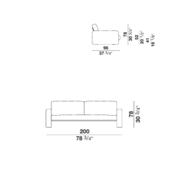 Technical drawing of sofa dimensions top and front view
