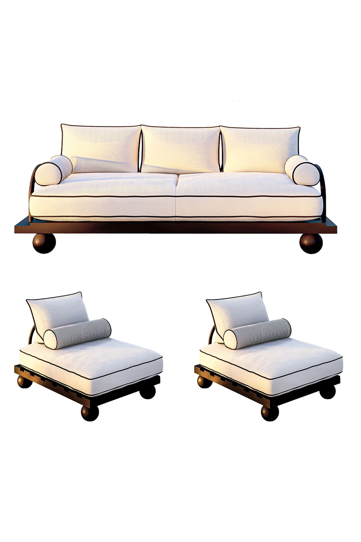 Modern outdoor lounge set in black iroko with white cushions.