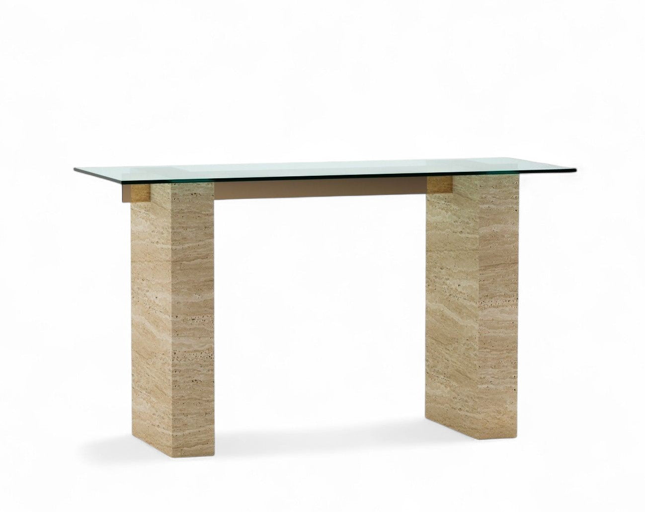 Studio shot of travertine console table with glass top furniture product photography, travertine console table, glass top table, modern console table.