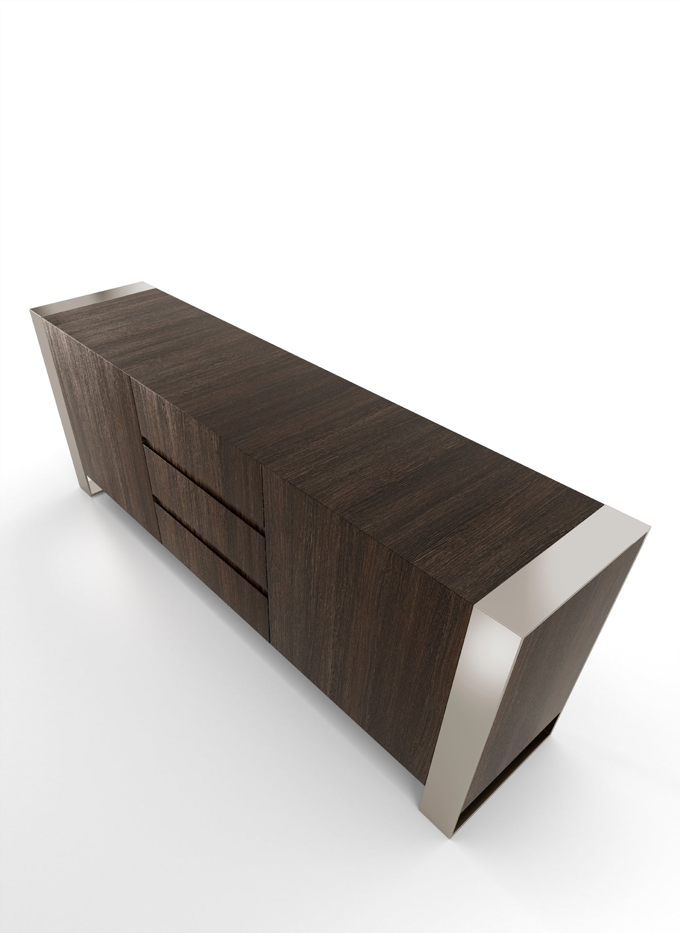 Dark wood sideboard with silver metal trim and drawers.