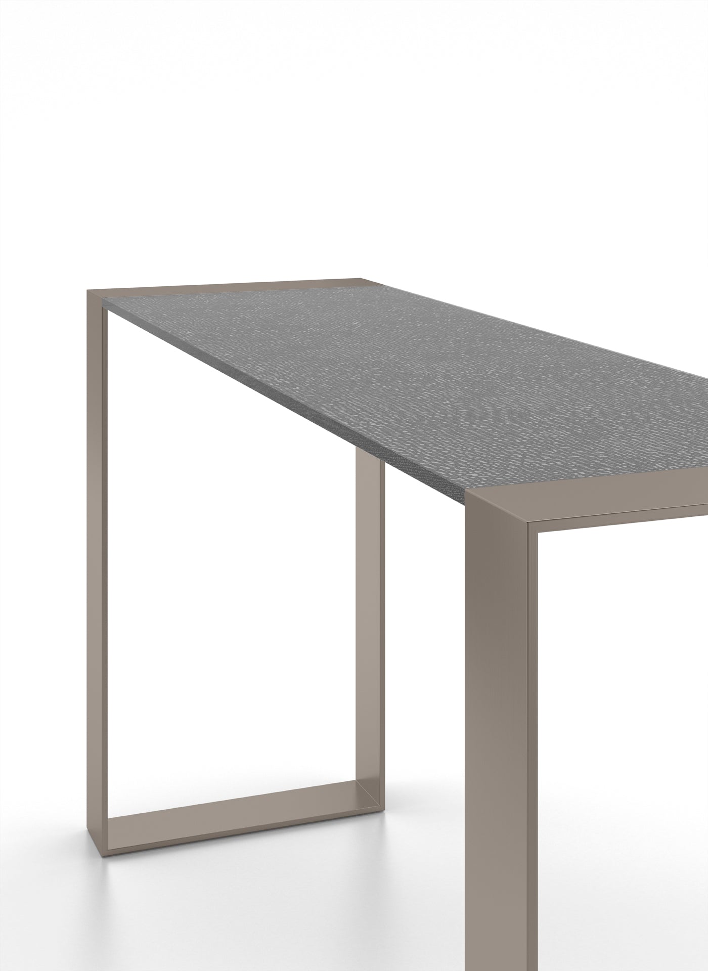 Close up view of a rectangular console table with metal frame and textured gray top, furniture, console table, metal frame, gray table top.