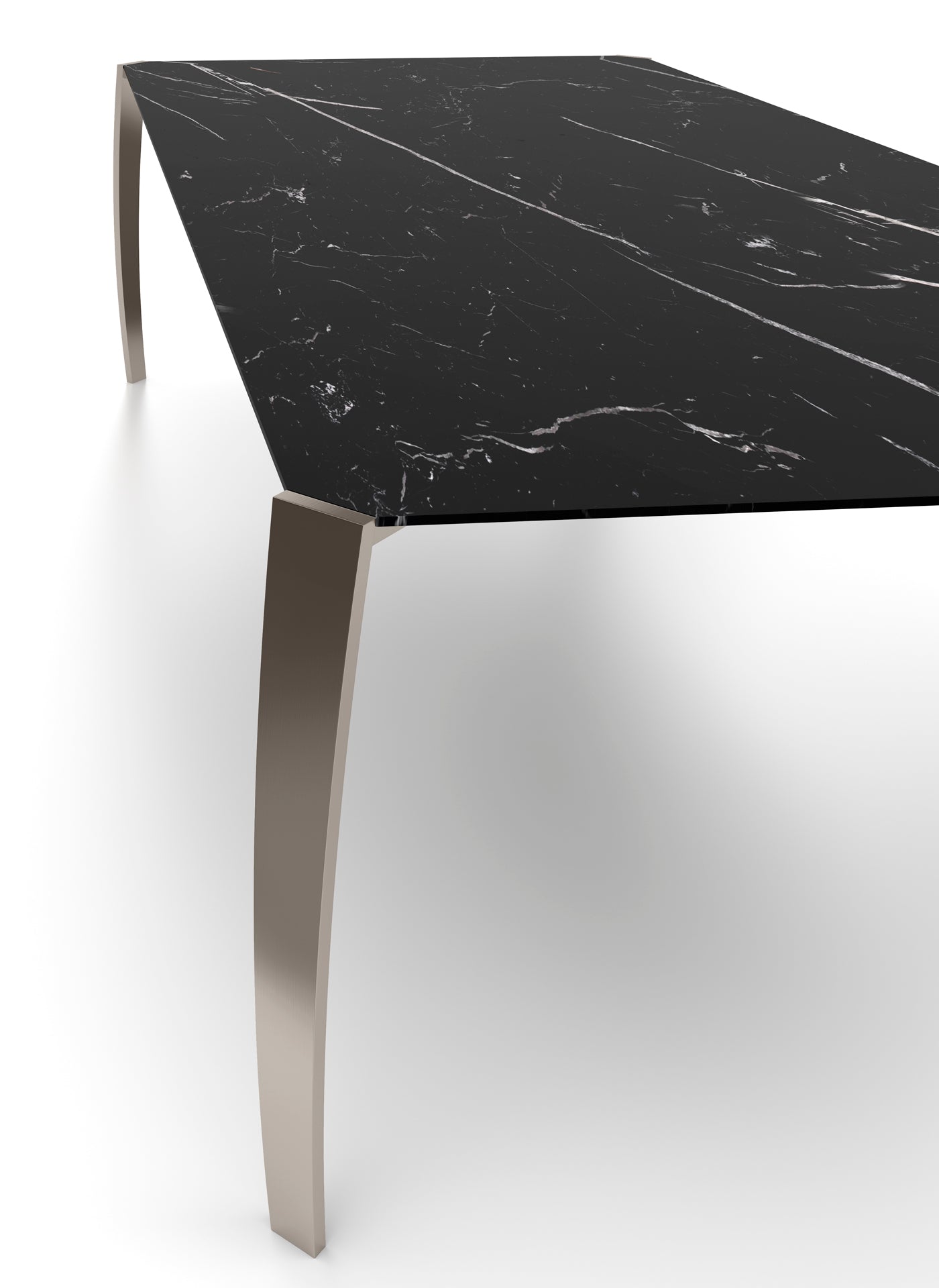 Close up view of black marble dining table with metal legs