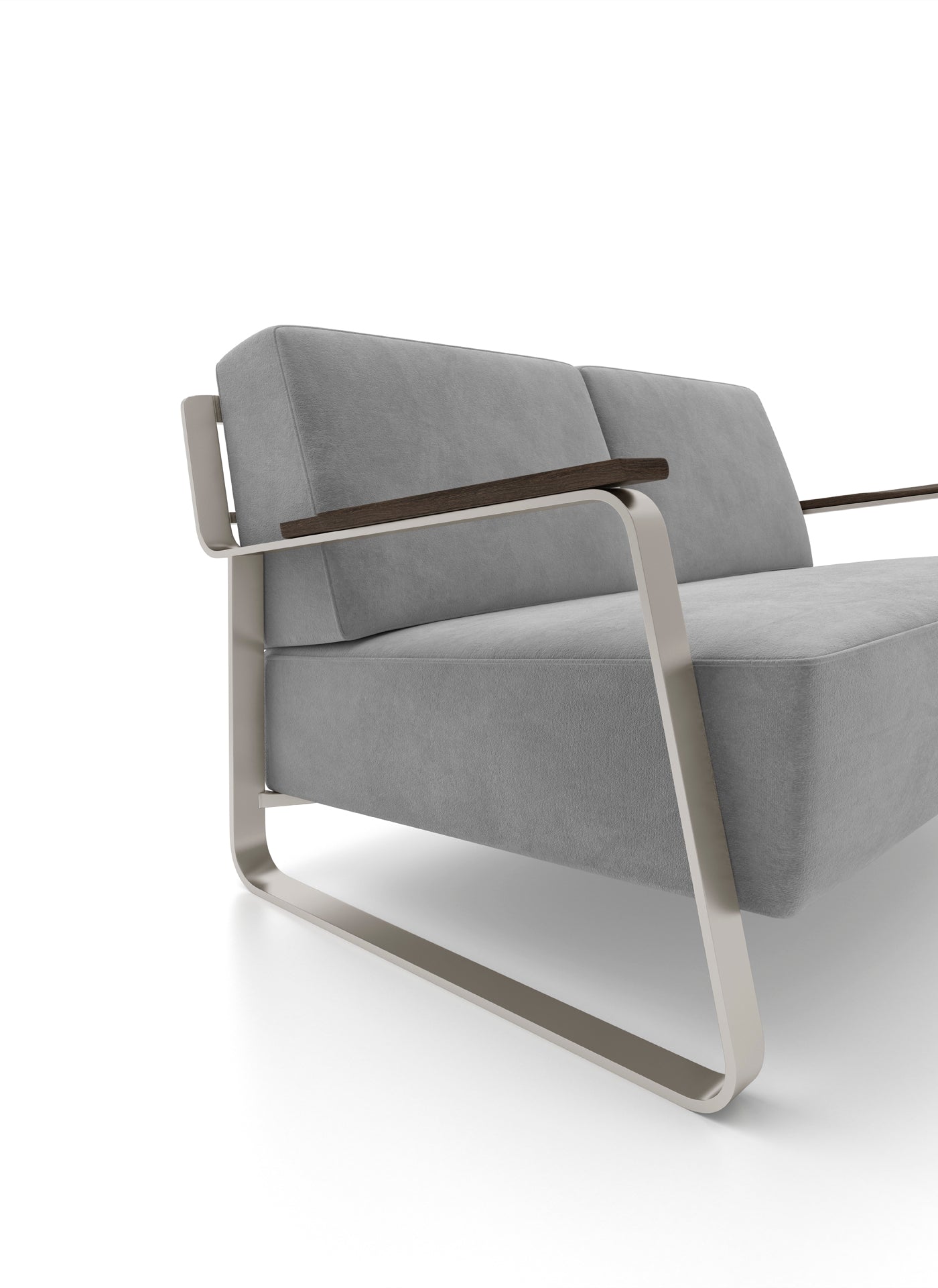 Close up view of gray fabric sofa with metal frame and wood armrests.