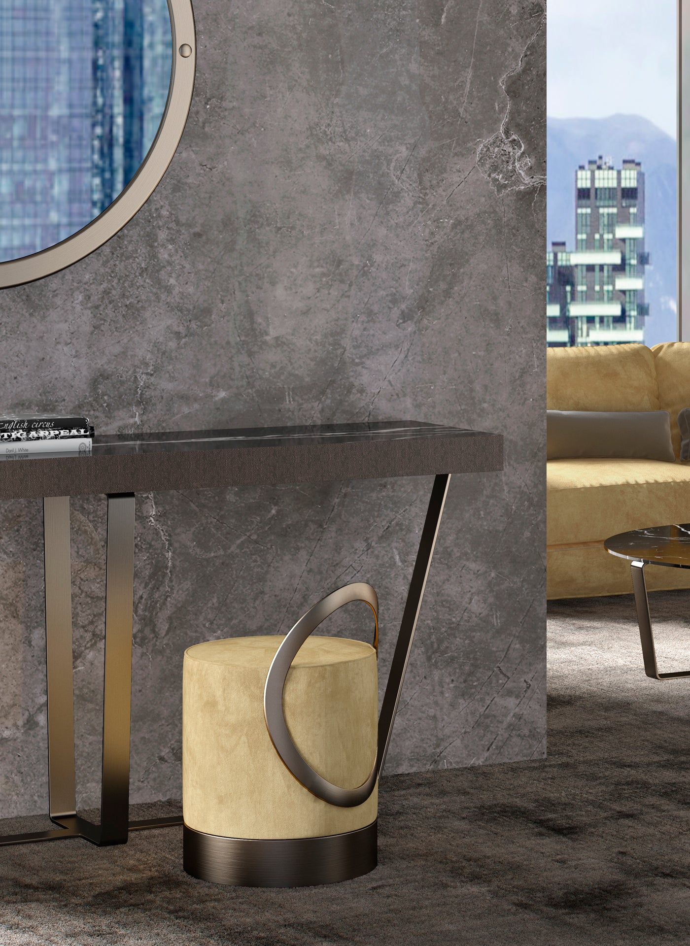 View of modern console table, stool, and sofa with city backdrop.