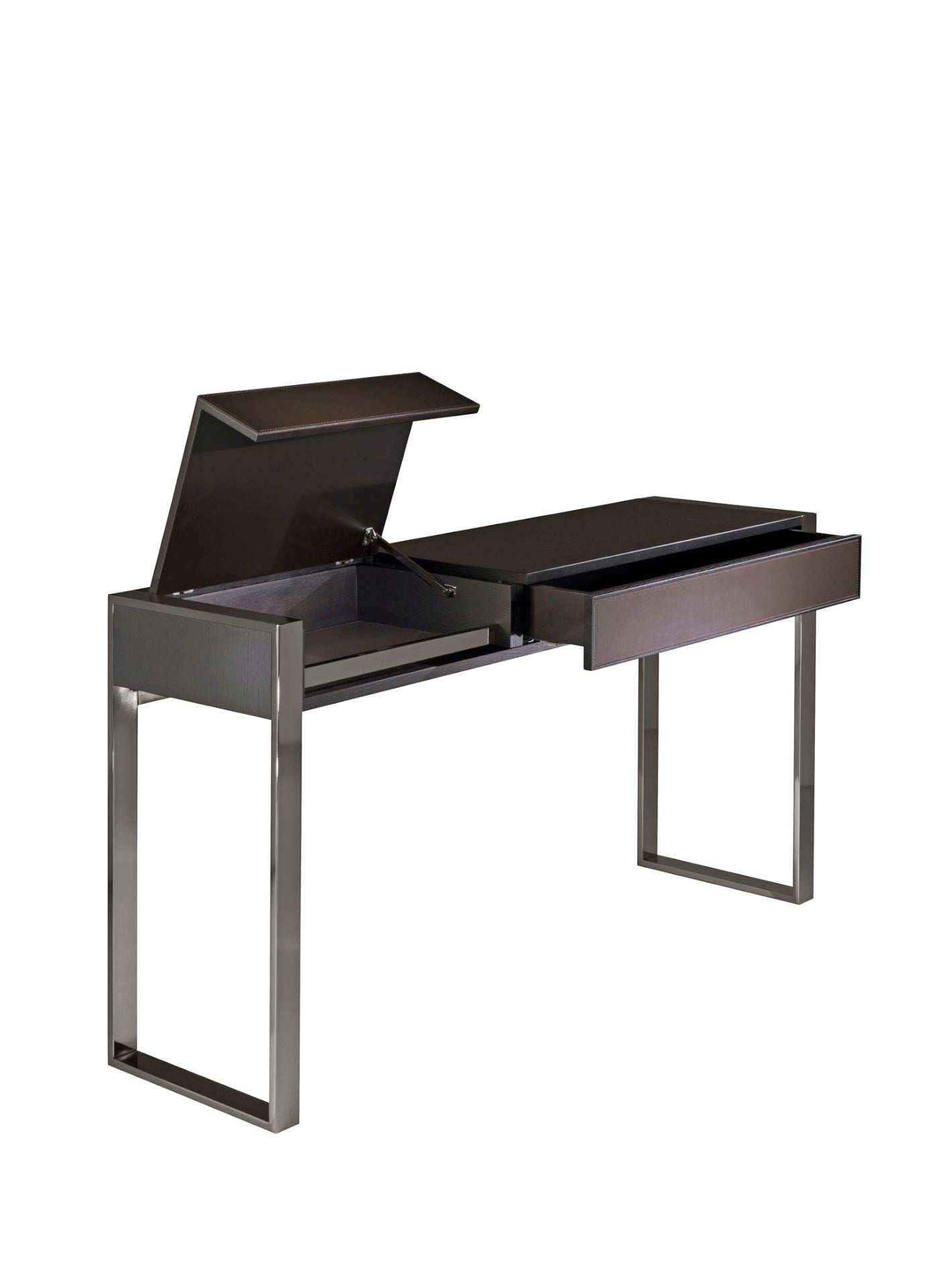 Dark wood desk with open drawer and raised lid on metal legs