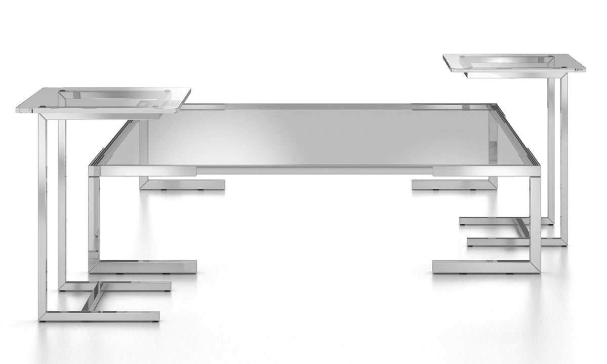 White background view of silver metal and glass coffee table set. 