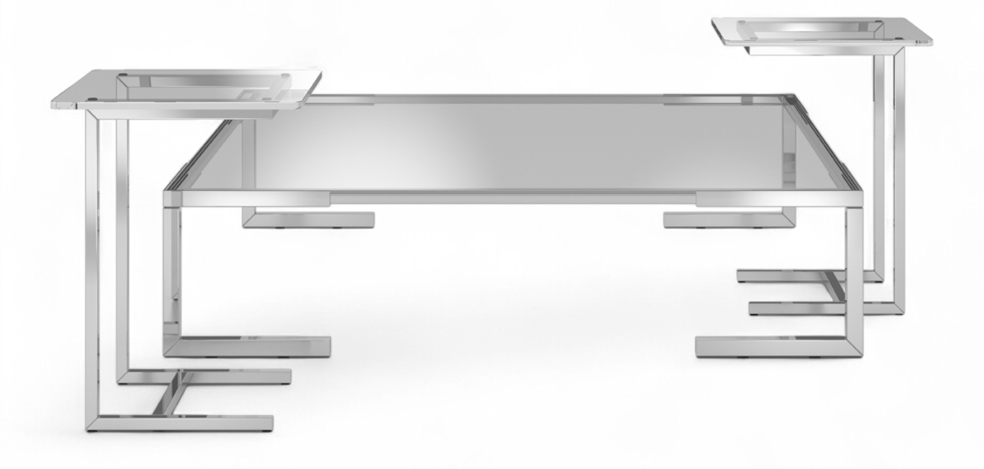Tempura coffee table White background view of silver metal and glass coffee table set. 