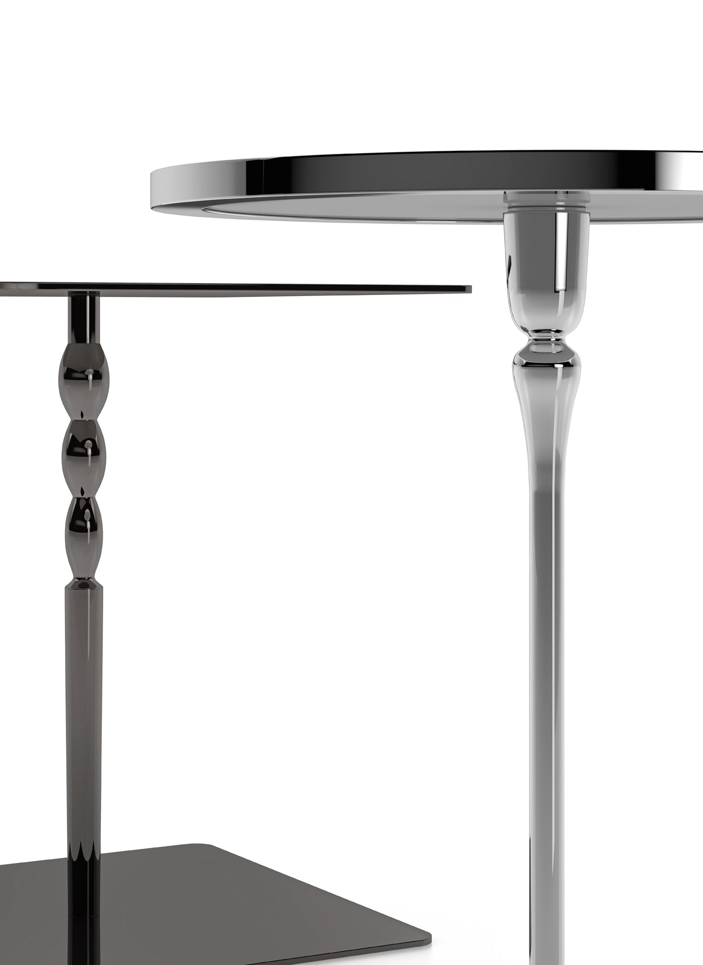 Close up view of two chrome metal tables on white background, furniture, interior design.
