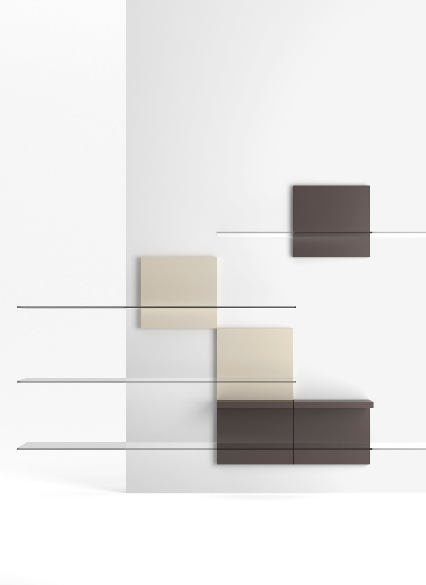 Minimalist wall shelving units with glass shelves and colored panels