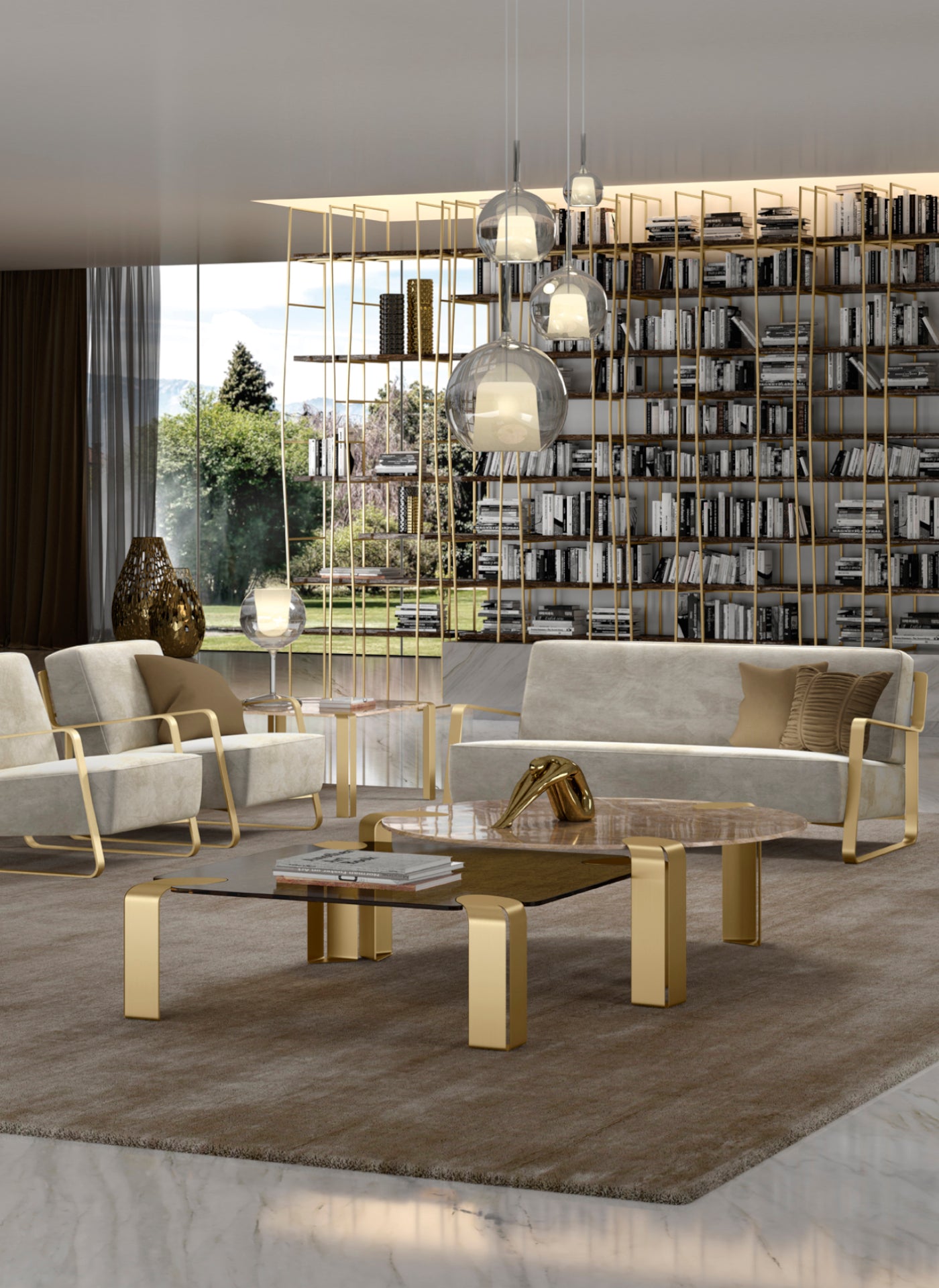 View of modern living room with gold metal furniture and large windows overlooking garden.