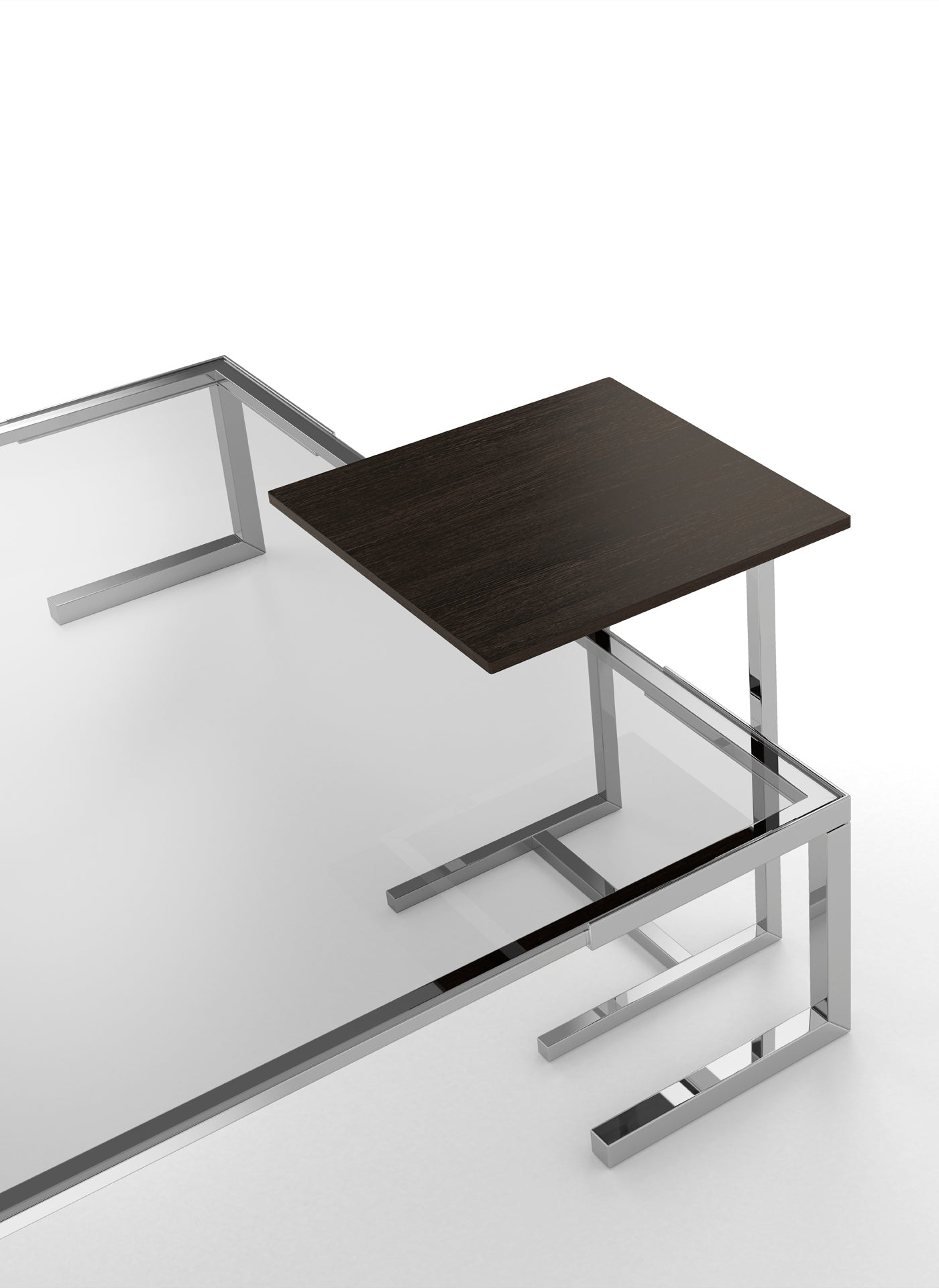 Glass coffee table with chrome frame and dark wood top