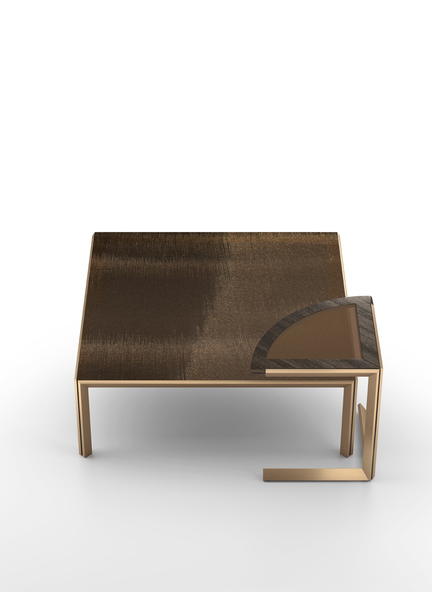 Overhead view of bronze metal coffee table with wood inlay