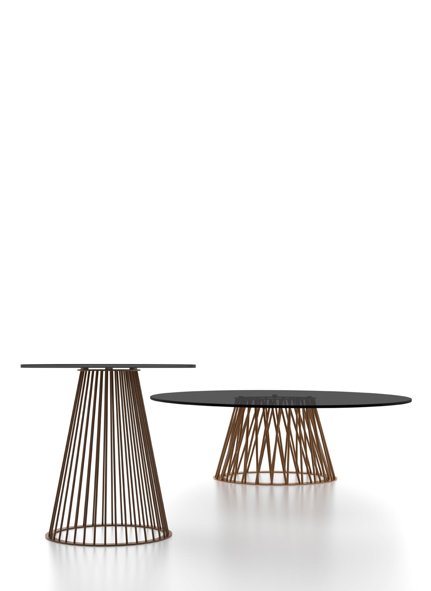 Two glass top tables with bronze wire bases on white background
