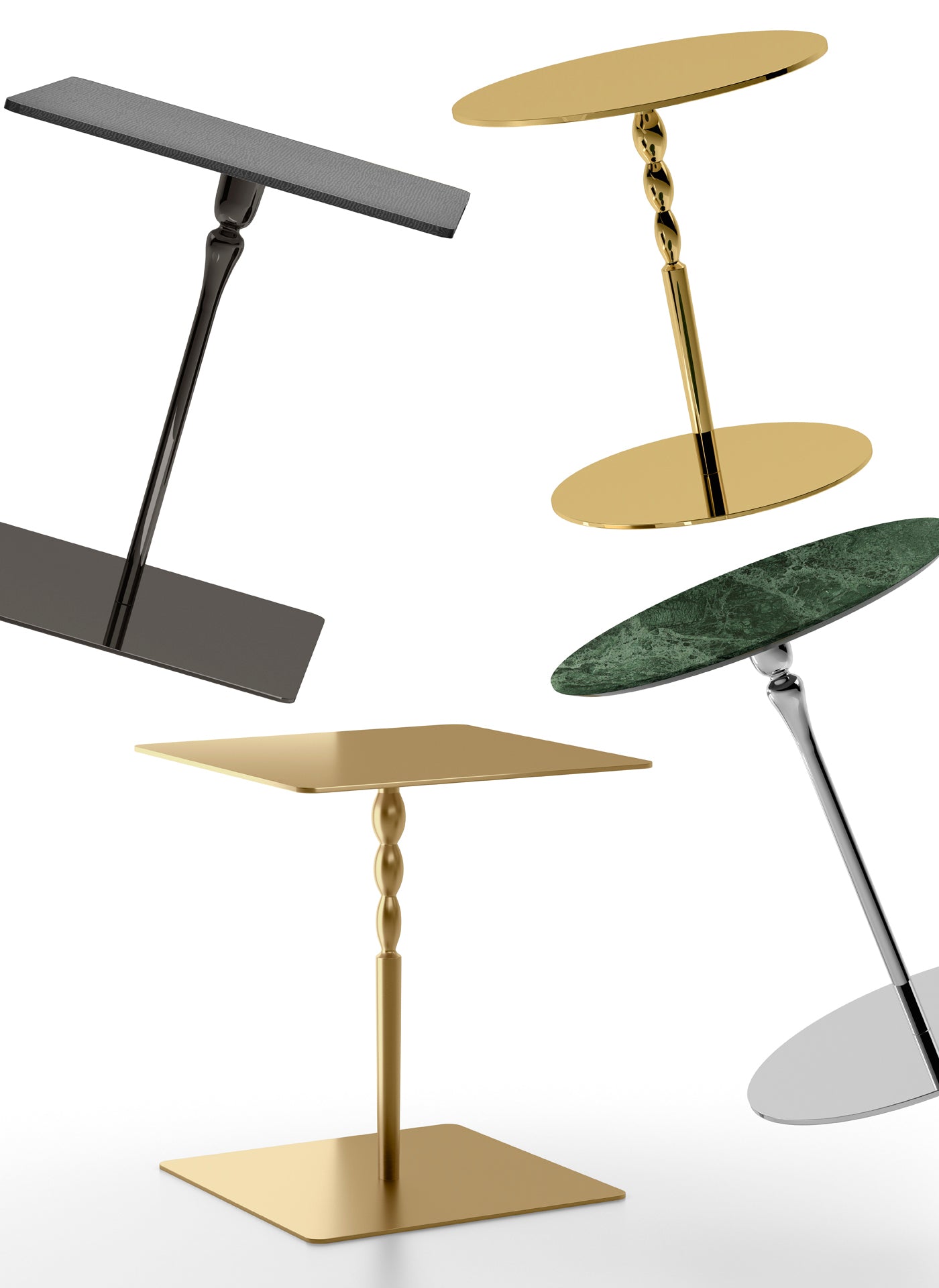 Four metal and marble accent tables on white background