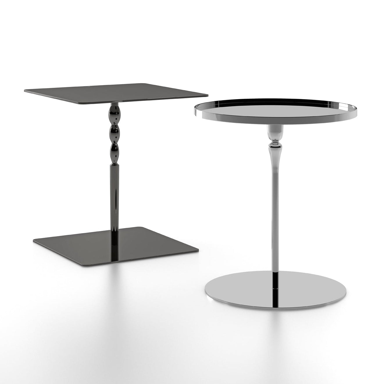 White background view of two metal side tables, one square, one round. 