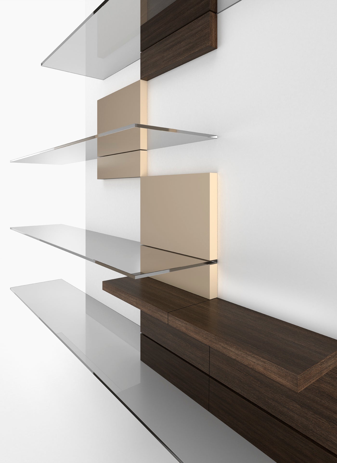 Wall mounted shelving unit with glass, wood, and beige panels