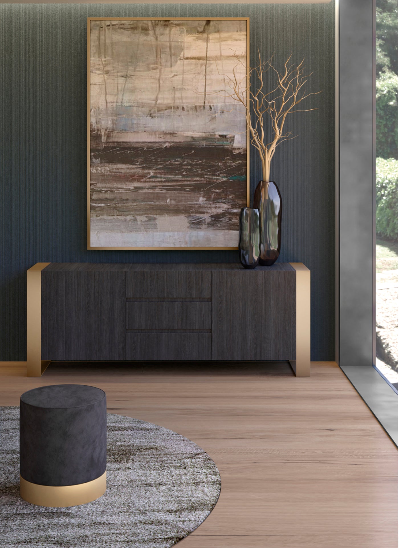 view of modern living room with dark wood buffet and gray velvet ottoman