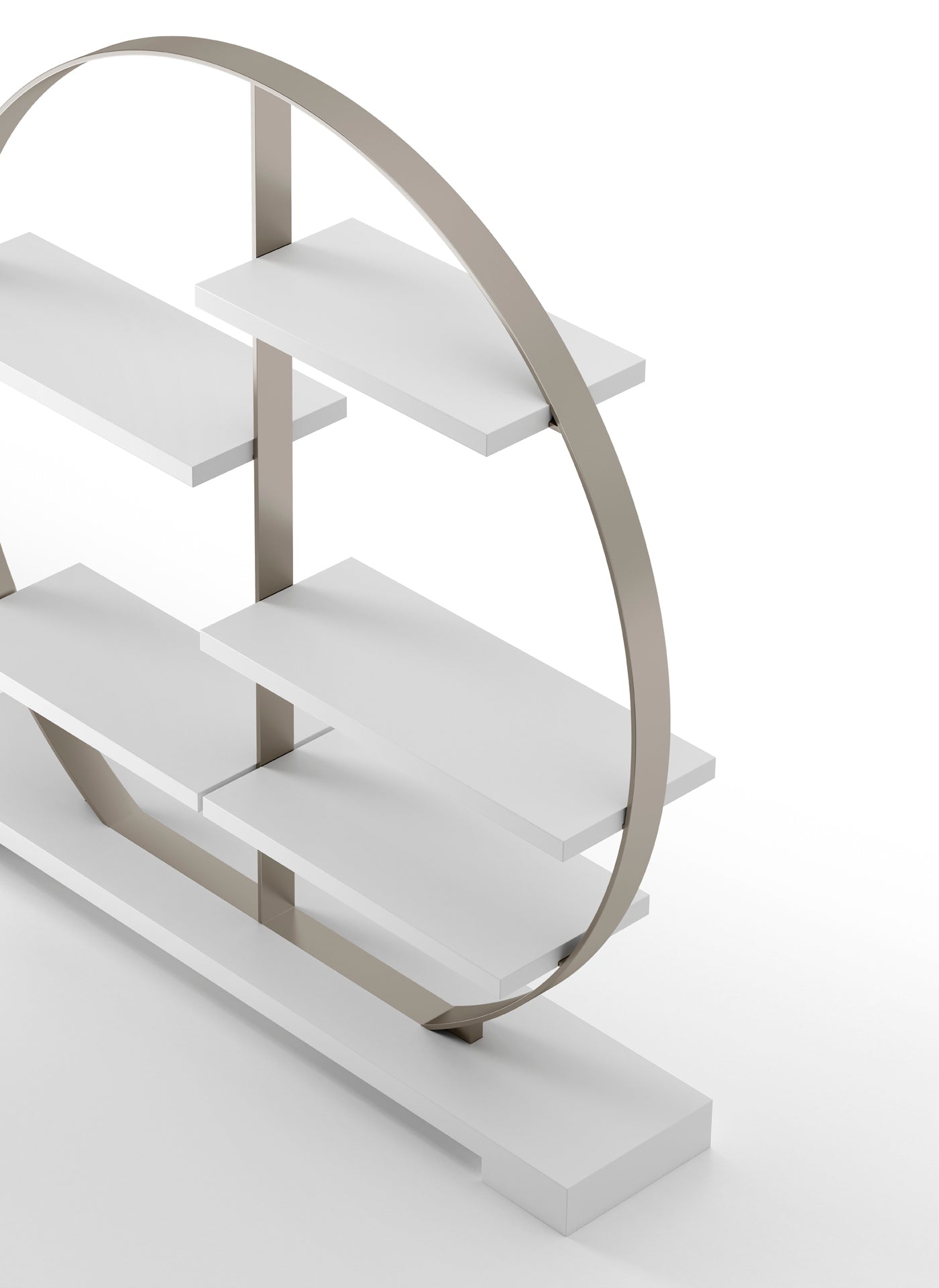 Close up view of white shelving unit with arched metal frame