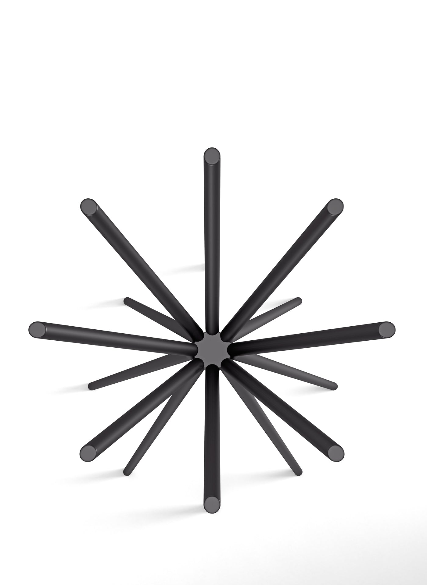 view of black metal table base starburst shape on white background, modern furniture, contemporary design, starburst table base, black metal base.