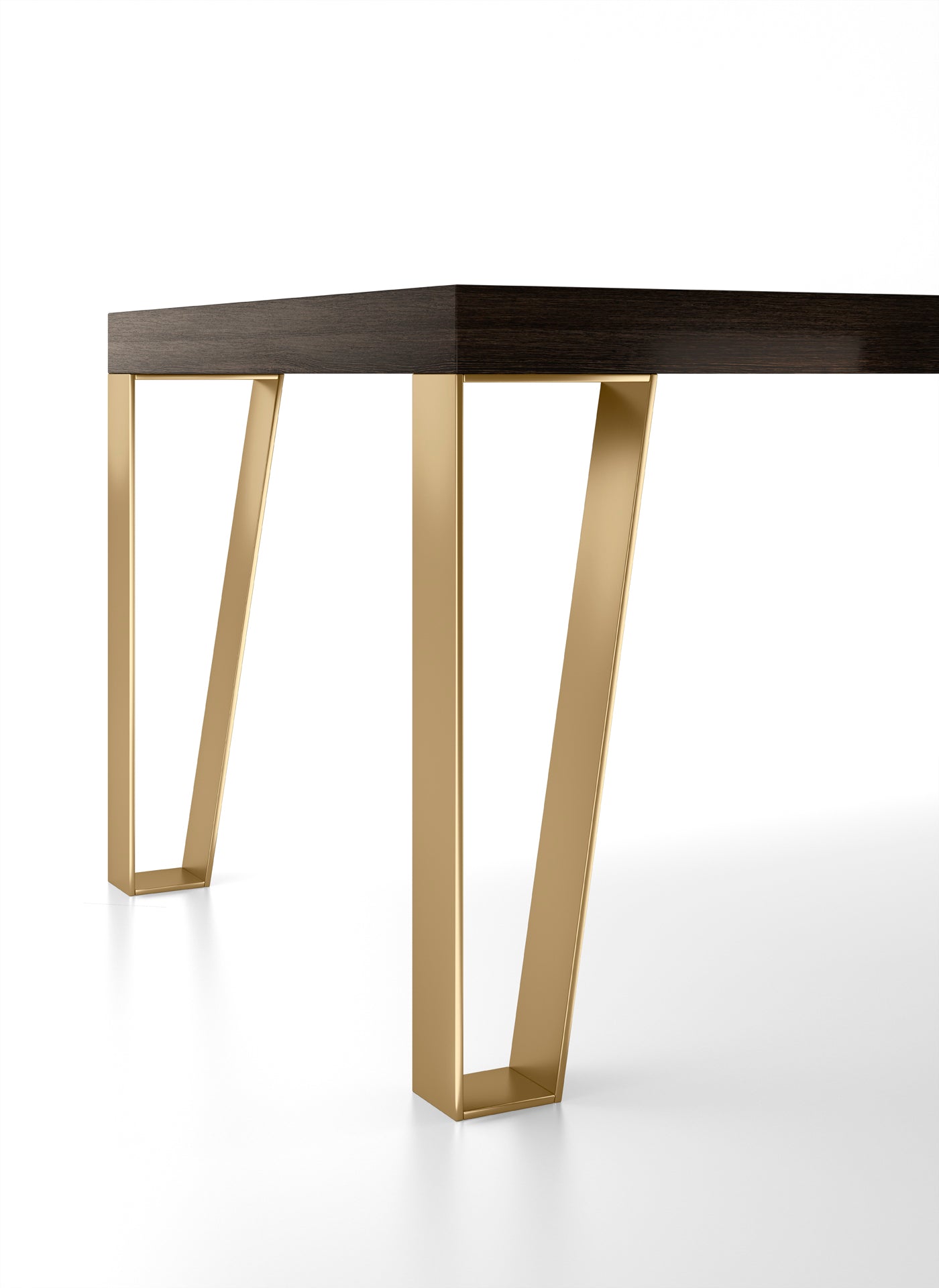 Close up of dark wood table with gold metal legs