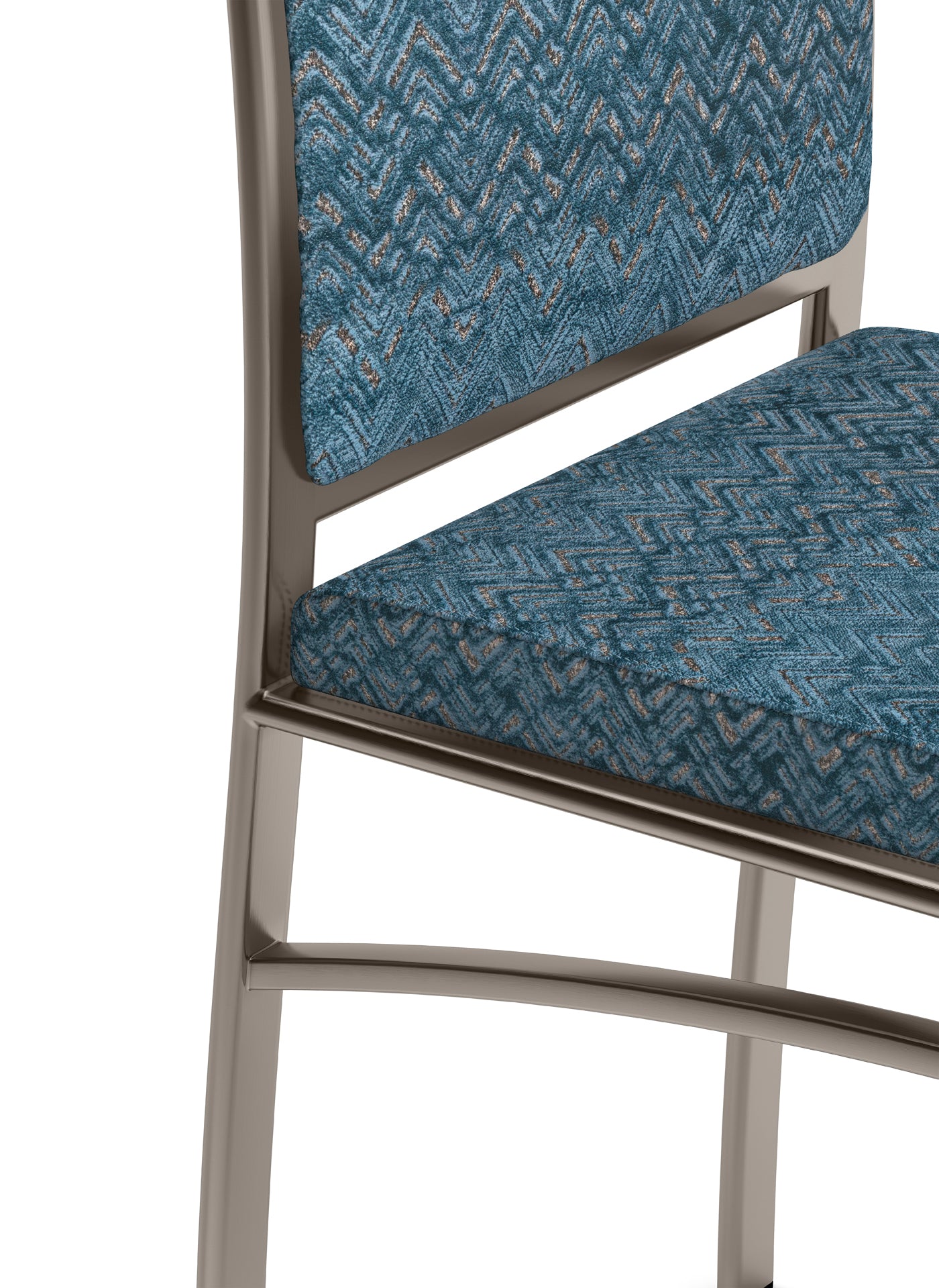 Close up of blue patterned fabric chair seat and metal frame.