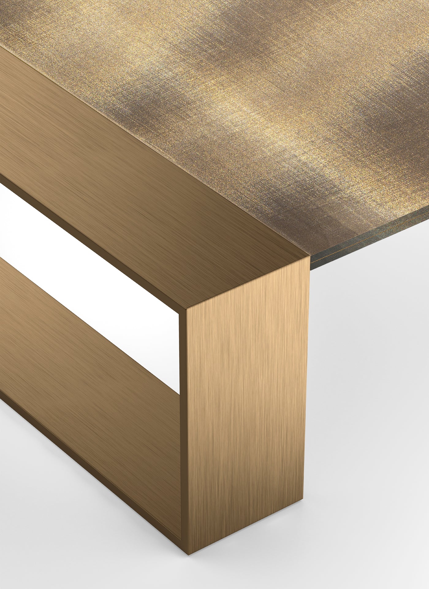Close up of bronze metal coffee table with textured gold top.