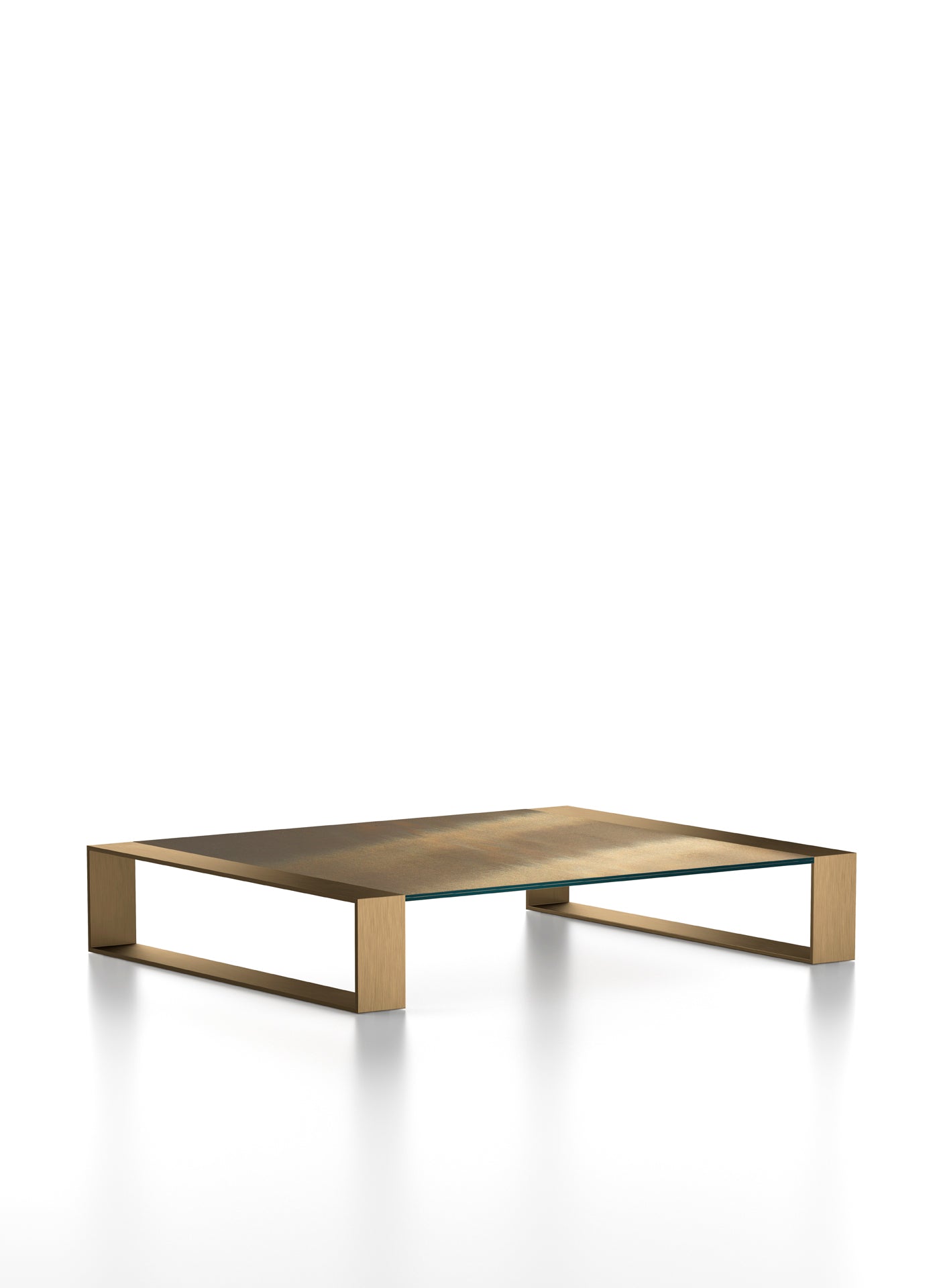Low rectangular metal coffee table with glass top